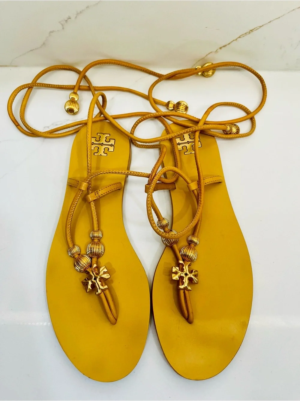 Tory Burch Mustard Yellow Lace-Up Logo Espadrille Sandals
